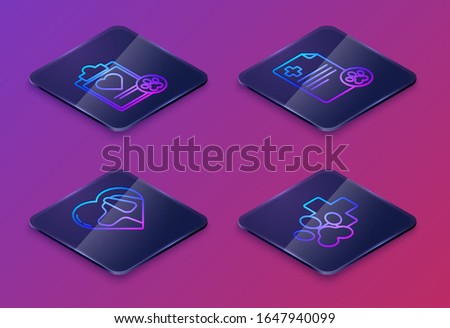 Set Isometric line Clipboard with medical clinical record pet, Heart with dog, Clipboard with medical clinical record pet and Veterinary clinic symbol. Blue square button. Vector