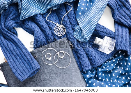 plaid scarf, women's sweater, handbag and jewelry