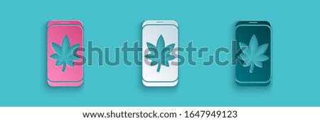Paper cut Leaf on mobile phone screen icon isolated on blue background. Paper art style. Vector Illustration