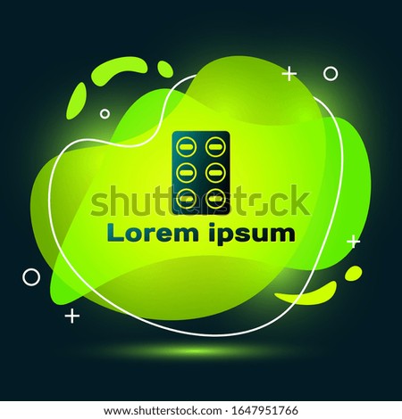 Black Pills in blister pack icon isolated on black background. Medical drug package for tablet, vitamin, antibiotic, aspirin. Abstract banner with liquid shapes. Vector Illustration