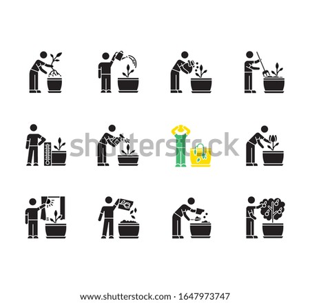 Houseplant care black glyph icons set on white space. Domestic plant cultivation. Repotting, fertilizing. Planting flower seeds. Watering, spraying. Silhouette symbols. Vector isolated illustration