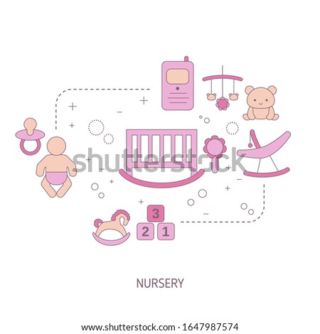 Baby nursery concept with baby care icons. Vector illustration.