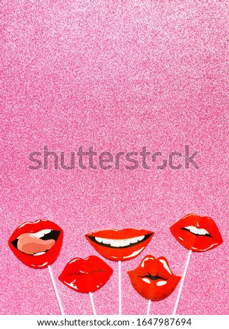 flatlay overhead top photo booth props lips on pink brilliant background copy space.