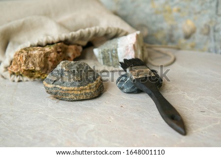 Stone samples at geological laboratory. Geology rock laboratory. Laboratory for the analysis of geological soil materials, stones, minerals, rocks samples for researchers and students. Royalty-Free Stock Photo #1648001110