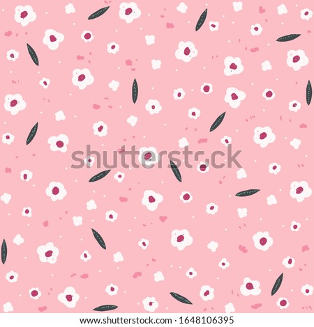 Pink seamless pattern with white flowers. Cute floral print. Vector hand drawn illustration.