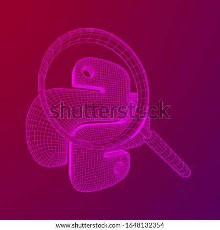 Python code language sign with magnifying glass. Programming coding and developing concept. Wireframe low poly mesh vector illustration