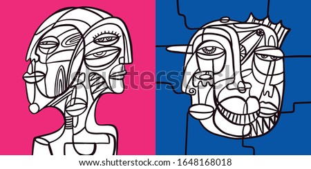 drawing of faces, fashion minimalist concept, vector illustration. Modern fashionable pattern.