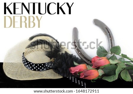 Kentucky Derby photo of a fascinator hot with red roses and a horseshoe. on a black table with white background and text added