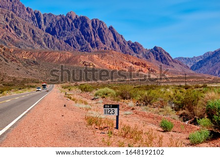 National Route 7. Ruta Nacional 7, Argentina. Mendoza to Chile. Way to Aconcagua and border with Chile. Andes mountain range