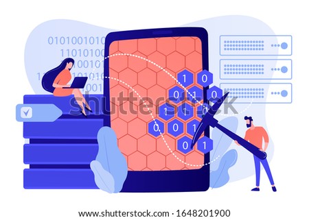 Tiny people, scientists at tablet with pickaxe mining. Data mining, data warehouse sourcing, data collecting techniques concept. Pinkish coral bluevector isolated illustration Royalty-Free Stock Photo #1648201900