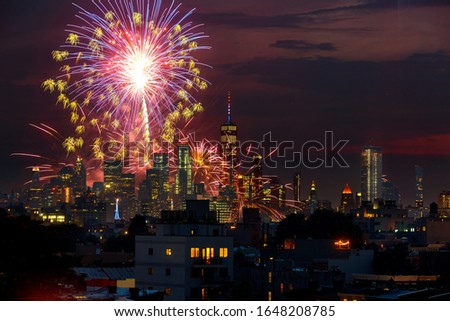 Fireworks show over the Manhattan skyline celebrating Independence Day