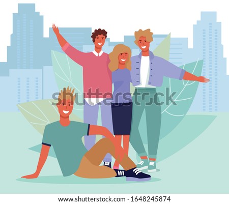 Happy Friends Portrait over Cityscape Illustration. Flat Vector Photo with Smiling Teenage Guys and Girls Group Hugging Together. Friendship and Relationship. Cartoon Young People Characters