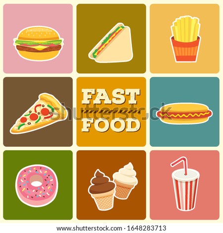 Illustration vector of fast food menu with hamburger, hotdogs, sanwich, pizza, french fries, donut, ice cream and soda design with retro style background.