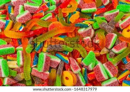 Assorted tasty gummy candies. Top view. Jelly  sweets background. 