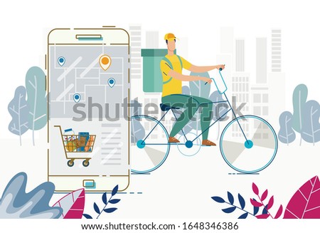 Order and Delivery Anywhere Service. Food Basket via Mobile Application. Deliveryman with Groceries Parcel Package behind Back Riding Bicycle. Online Service for Tracking Shipping Process