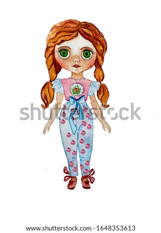 Watercolor doll in beautiful clothes. For children’s game, scrapbooking, print, card, album Photo Babybook, Adventure Girl Travelbook Baby