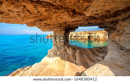 Sea cave near Cape Greko(Capo Greco) of Ayia Napa and Protaras on Cyprus island, Mediterranean Sea. Royalty-Free Stock Photo #1648380412