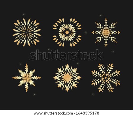 Vector gold snowflake set on black background. Doodle decor elements for cards, textile or wrapping paper. Symbol of winter and cold. Vector illustration for winter holidays and events.