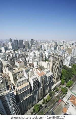 Cityscape skyline of Sao Paulo Brazil features green tree lined street