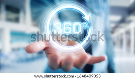 Man on blurred background using 360 degree virtual reality neon interface 3D rendering Royalty-Free Stock Photo #1648409053