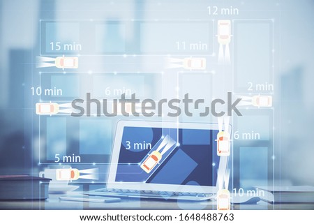 Desktop computer background in office with automobile hologram drawing. Multi exposure. Tech concept.