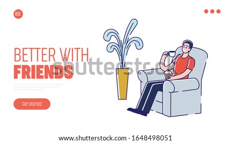 Man Is relaxing With Hot Drink And Cupcake on the Armchair. Website Landing Page. Young Man Is Drinking Coffee Having Rest At Home. Web Page Of Cartoon Outline Linear Flat Vector illustration.