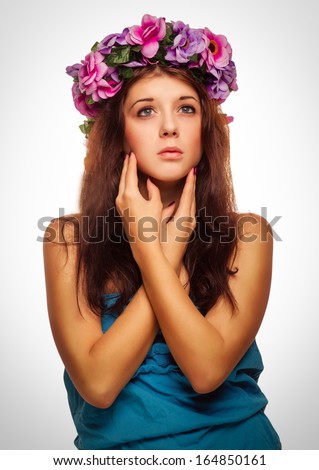 beautiful model face woman close-up beauty head, wreath flowers her head emotion