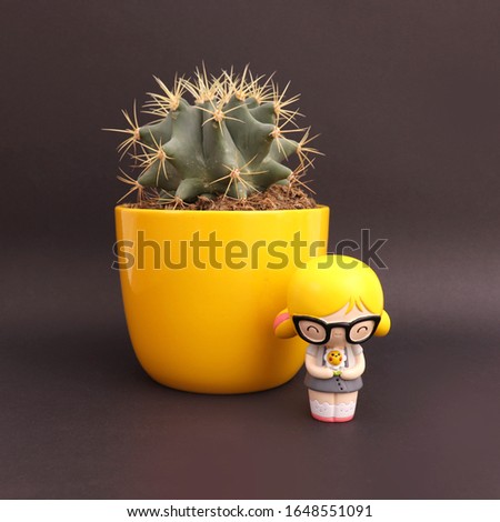 Cactus in yellow flower pot with a cute girl trinket on black background