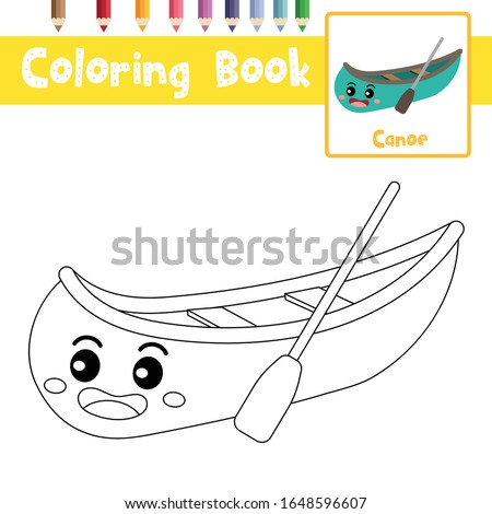 Coloring page of cute Canoe cartoon character perspective view transportations for preschool kids activity educational worksheet. Vector Illustration.
