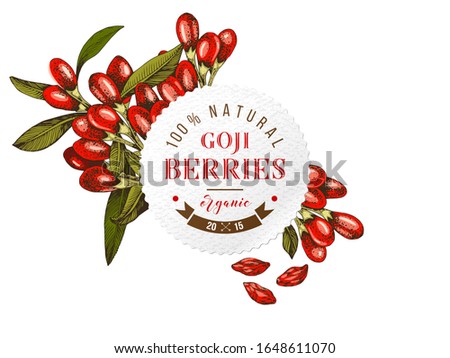 Round emblem with hand drawn goji berries and leaves. Superfood. Vector illustration Royalty-Free Stock Photo #1648611070