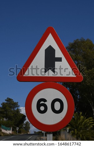 Traffic sign: "Maximum speed 60 km / h and at the next intersection you have the right of way" Province of Huelva, Spain