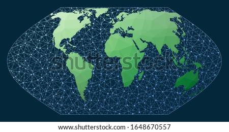 Internet and global connected globe. Eckert 6 projection. Green low poly world map with network background. Artistic connected globe for infographics or presentation. Vector.