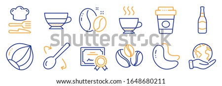 Set of Food and drink icons, such as Cashew nut, Coffee beans. Certificate, save planet. Hazelnut, Espresso, Cooking spoon. Food, Coffee-berry beans, Takeaway coffee. Vector