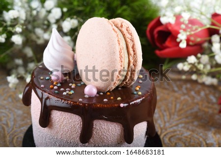 Fresh luxury chocolate dripping cake  , macaroon on top dessert. Catering Dining Eating Party Sharing Concept. Mother's Day, Valentine Day, Woman's Day, Happy Birthday. Appetizing tasty, fun, colorful