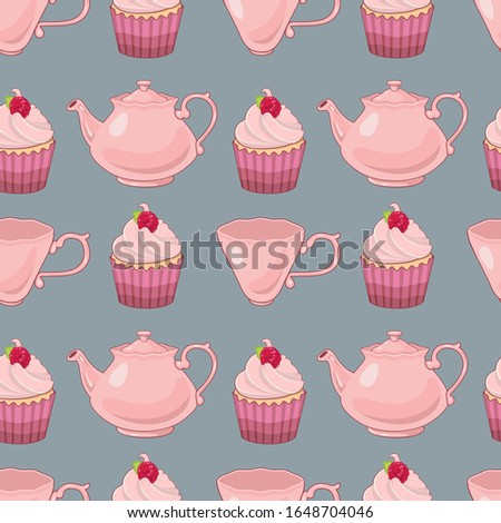 Vector raspberry cupcak and tea pot pattern