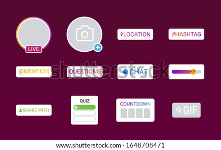 Interface stickers for stories. Social media buttons. Signs for web page, mobile app, banner, social media. Editable stroke. Royalty-Free Stock Photo #1648708471