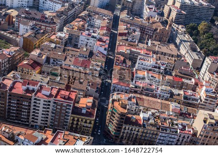 Buidings from height photographed by a helicopter in the city of Valencia, Spain. Aeronautical photography