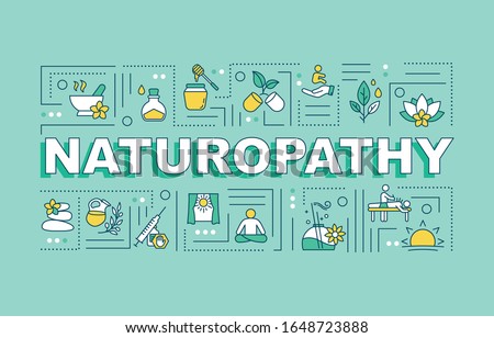 Naturopathy word concepts banner. Naturopathic medicine. Pseudoscientific practices. Infographics with linear icons on turquoise background. Isolated typography. Vector outline RGB color illustration Royalty-Free Stock Photo #1648723888