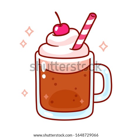 Cute cartoon root beer float illustration. Mug of root beer with ice cream, whipped cream, cherry on top and drinking straw. Simple doodle vector drawing.