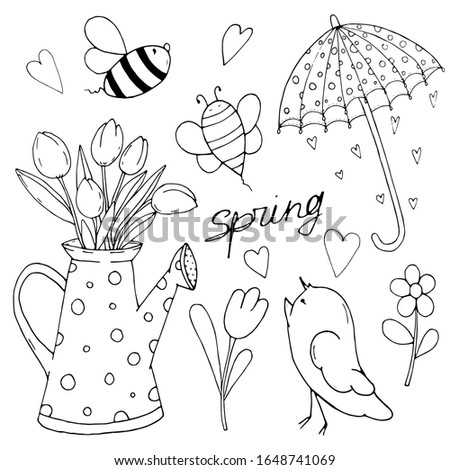 A spring doodle vector set. Umbrella, bees, tulip, water can, flower, heart, bird, lettering - spring. Funny cartoon animal characters. Good for coloring, scrapbooking, card, wallpaper, wrapping paper