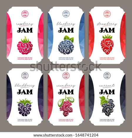 Vector set of templates packaging jam, label, banner, poster, branding. Color abstract background with ornate illustration - raspberry, strawberry, blueberry, currants, blackberry,  cranberry