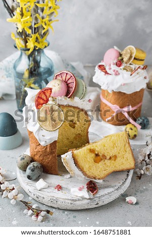 Easter cakes and colorful eggs on festive Easter table