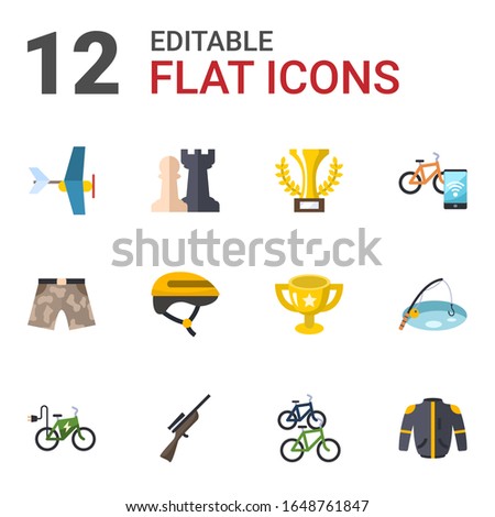 12 sport flat icons set isolated on white background. Icons set with Aeromodeling, Strategy game, champion, shorts, Helmet, Smart bike, elektro bike, Hunting, bike station icons.