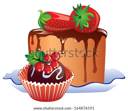 vector sweet cake drizzled with chocolate and two strawberries and candy with cranberries