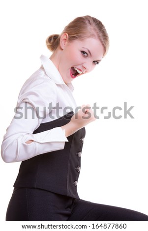 Happy businesswoman with success hand sign gesture. Blonde girl winner. Business. Isolated on white. Studio shot.