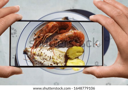 Woman photographing on cell phone homemade healthy food, shrimps and fish.