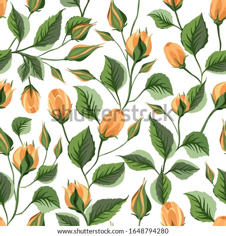 Yellow rose flower vector seamless pattern in a flat style. Provence romantic floral illustration. Botanical beautiful flora art on a white background.