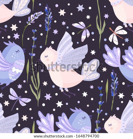 Provence seamless vector bird pattern in a flat style. Lavender blossom flower summer art and cute hand drawn animal, butterflies and stars.