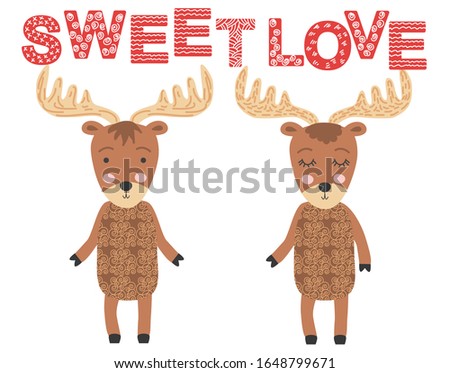 moose couple. Sweet love. Scandinavian moose, children's print, poster, design, hand drawing, quote