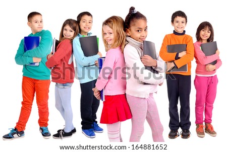 little kids holding school books isolated in white